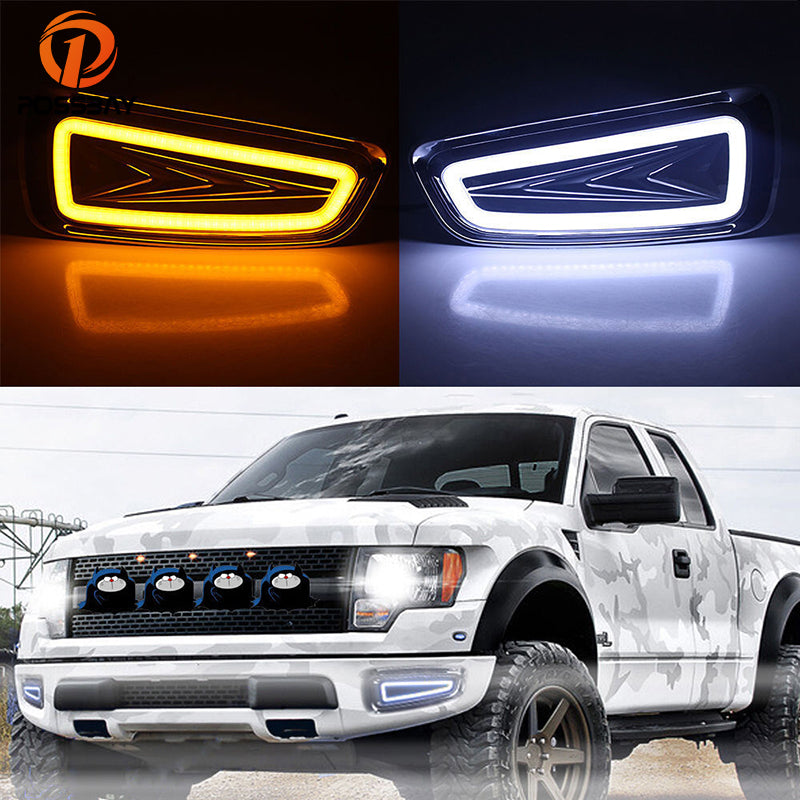 POSSBAY Car LED Daytime Running Light White Yellow Turn Signal Lights Fit for Ford F150 SVT Raptor DRL Daylights